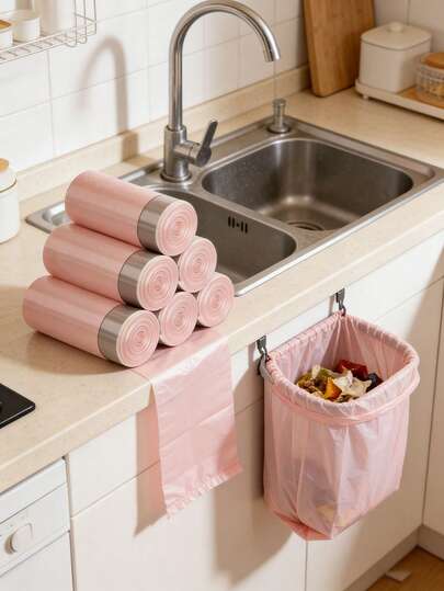 50pcs Pink Bathroom Trash Bags Per Roll - Small Disposable Garbage Bags With Strong Durable Material, Leak-Proof & Tear-Resistant Design For Home, Office, Bedroom, Kitchen Waste Bins, Compact Size Perfect For Small Trash Cans, Daily Household Cleaning Essentials