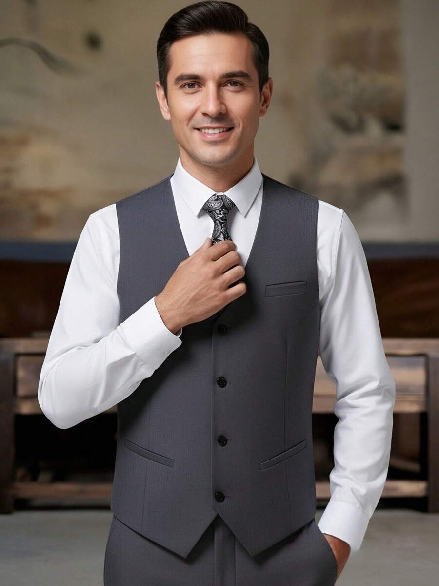 男士修身西装马甲，休闲伴郎马甲，新郎马甲，商务宴会，春秋季礼服马甲 - 灰色 - 查看 1