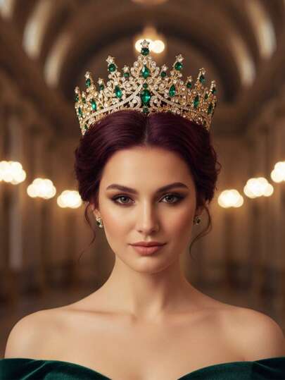 1pc Luxury Baroque Gold & Emerald Green Rhinestone Crown - Elegant Crystal Tiara For Bridal Wedding, Pageant, Prom & Birthday Party Hair Accessories
