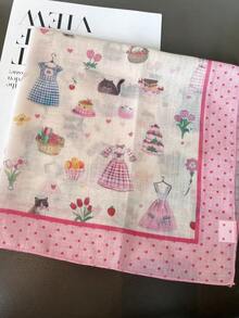 Pink Silk Scarf, Small Square Cartoon Versatile Fashion Skin-Friendly Headscarf, Decorative Neck Warmer Scarf - Pink - View 4