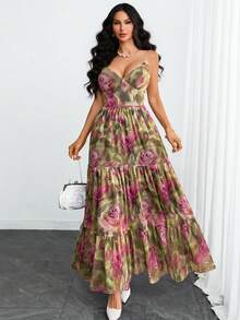 Women's Gothic Sexy & Elegant Contrast Striped Print V-Neck Spaghetti Strap Double-Layer Flared Mesh Multi-Layer Dress, Suitable For Dates, Vacations And Everyday Wear - Multicolor - View 4