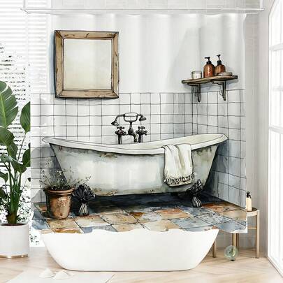 1pc Cartoon Shower Curtain, Distressed Bathtub, Polyester, Waterproof, Warm Colors, Suitable For Home And Bathroom Decor, Comes With 12 Hooks.