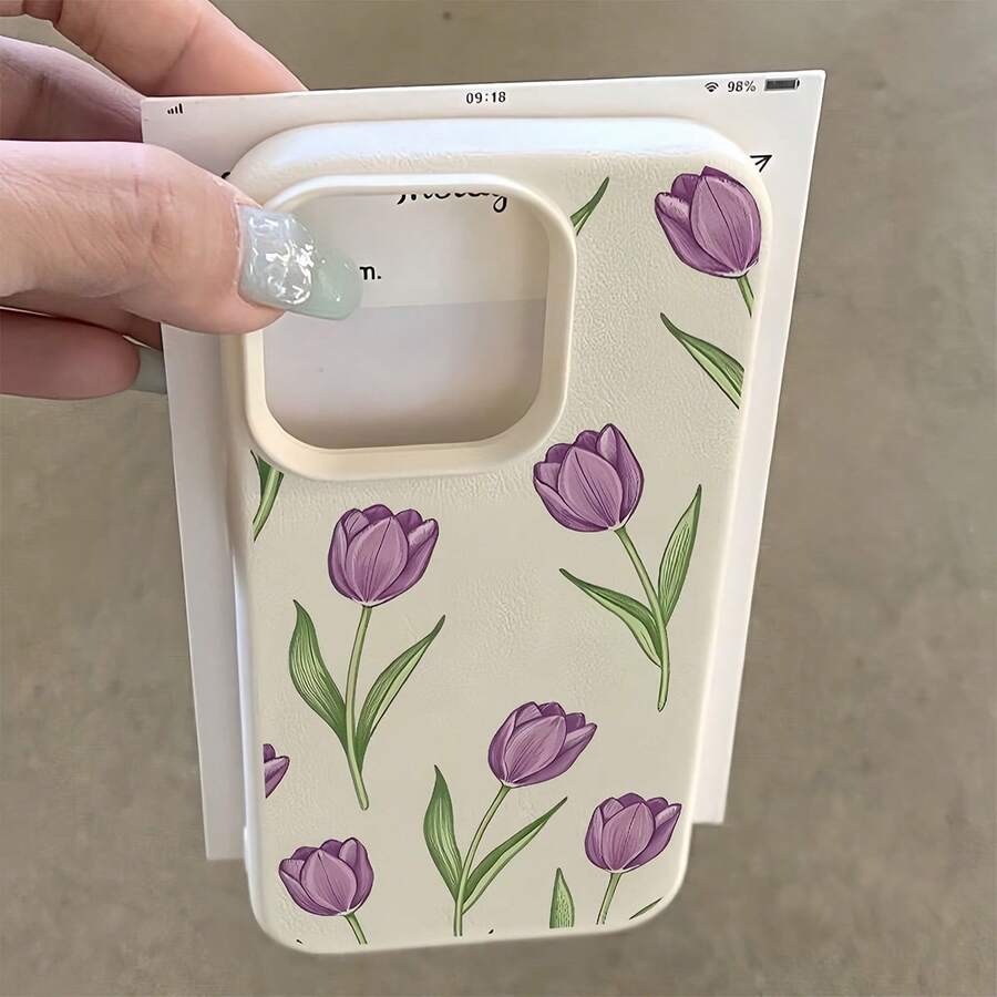 Funda de teléfono con elementos florales de estilo minimalista, 1 pieza con textura mate de lichi blanco, protección de lente, pantalla completa con patrón de mosaico de tulipán morado, compatible con iPhone 16 Pro Max, 17/16/15/14 Plus/13/12/11, Air, Series, versión internacional, no la versión nacional, regalo de primavera - Multicolor - Ver 1