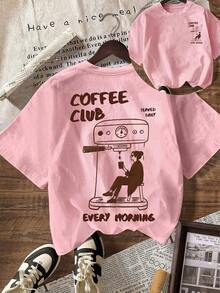Camiseta com estampa Coffee Club, modelo casual de manga curta e gola redonda para mulheres plus size, ideal para primavera e verão. - Baby Rosa - Ver 1