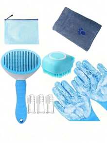 Pet Bathing & Grooming Set, Includes Brush, Towel, Grooming Gloves, Fur Removal Brush, Dog & Cat Bathing Brush, Dog & Cat Dental Cleaning Tools - Multicolor - View 3