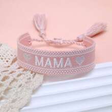 1pc Embroidered "MAMA" Heart Boho Tassel Braided Bracelet - Baby Pink - View 2