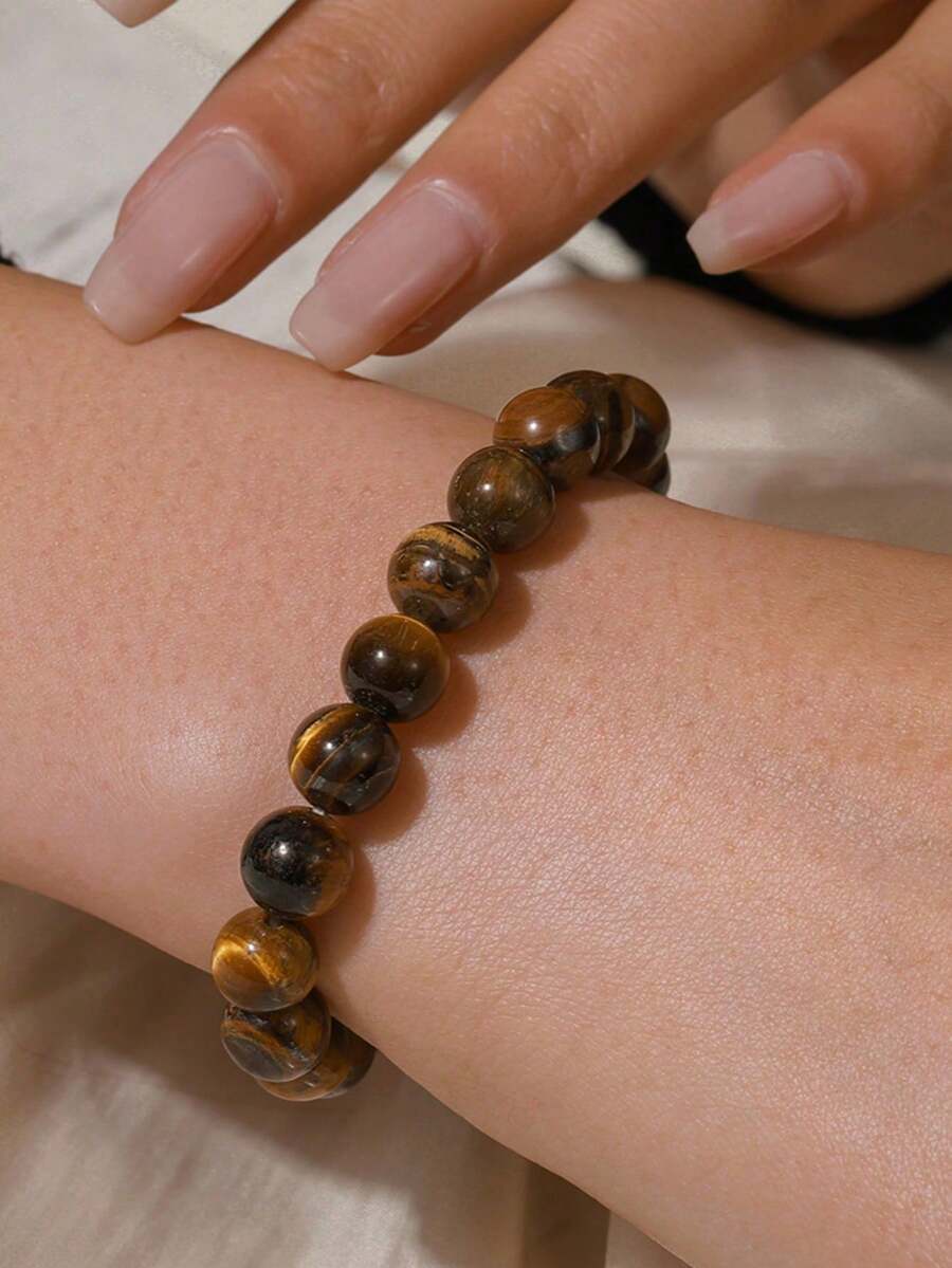 1条虎眼石串珠手链，天然圆形石珠手工瑜伽能量手链，时尚休闲饰品礼品 - 棕色 - 查看 1