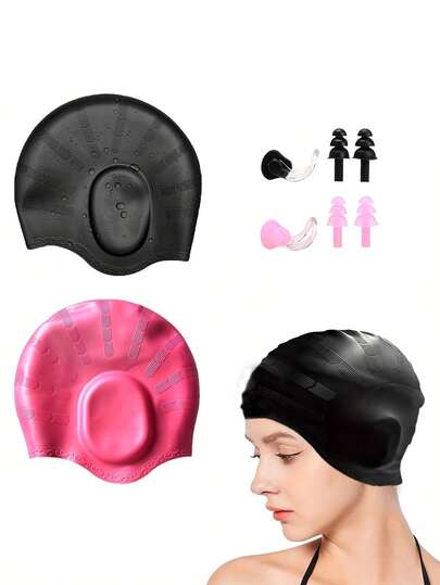 1 Set Unisex Silicone Swimming Cap With 3D Ear Protection, Durable & Soft Swim Cap Suitable For Women, Men, Adults, Short/Long Hair, Includes Ear Plugs And Nose Clip