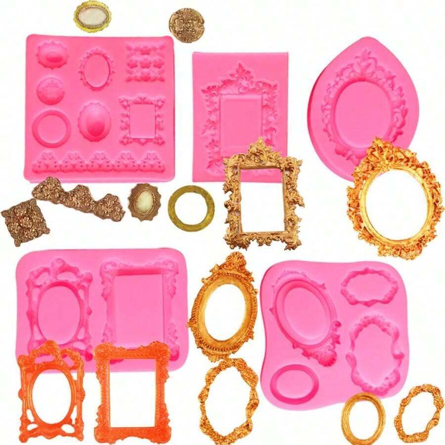 1pc Vintage Photo Frame Mold, Hollow Embossed Frame Mold, Epoxy Resin DIY Mold - Pink - View 1