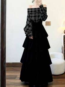 [Y6Y] 女士黑色松果A字层叠长裙，适合度假和春季休闲穿着 - 黑色 - 查看 5