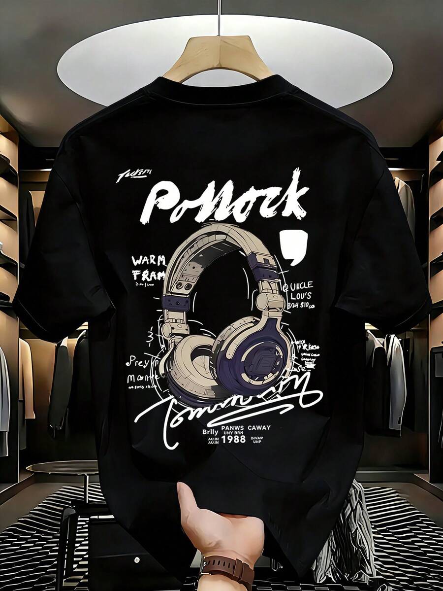 1 buah Kaos Lengan Pendek Kasual Anak Laki-laki Remaja dengan Gambar Headphone, Atasan Musim Panas untuk Siswa Muda - Hitam - View 1