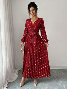 Spring Fall Polka Dot Wrap Dress Women's V-Neck Long Sleeve Pleated Tie Front Flounce Hem Elegant Midi Dress - 酒紅色 - 查看 4