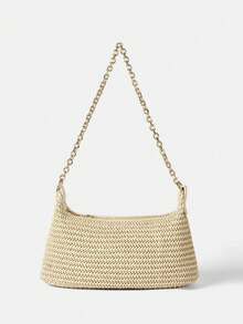 New Arrival Fashionable Bohemian Style Woven Rattan Bag With Chain Strap, Shoulder Bag, Suitable For Daily Casual, Vacation, Shopping And Outfit Matching, Tready Crescent Moon Bag For Women , Bohemian Outfit For Women, Boho - 卡其色 - 查看 1