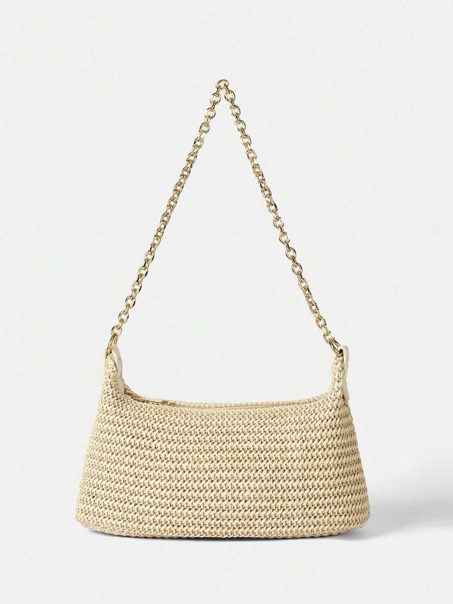 New Arrival Fashionable Bohemian Style Woven Rattan Bag With Chain Strap, Shoulder Bag, Suitable For Daily Casual, Vacation, Shopping And Outfit Matching, Tready Crescent Moon Bag For Women , Bohemian Outfit For Women, Boho - 卡其色 - 查看 1