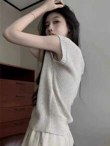 Y6Y - Áo thun ngắn tay dệt kim khoét vai thiết kế độc đáo, áo hai dây nữ mùa hè kiểu dáng thường ngày. - Màu be - Xem 6