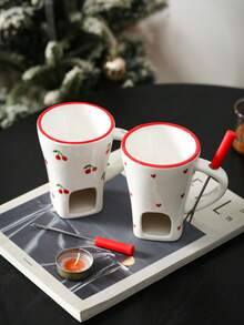 Heart-Shaped Cherry Ceramic Chocolate Melting Candle Warmer, Home Kitchen Ice Cream Hot Pot Cheese Fondue Set With Forks - Multicolor - View 5