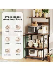 Estante para Hornear de Cocina con Enchufe, Rejilla para Microondas con Cesta de Drenaje de Metal y 6 Ganchos en S, Rejilla de Cocina de 56 * 42* 129cm para Guardar Especias, Ollas y Sartenes - Marrón - Ver 4