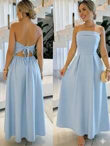 Elegant Strapless Party Dress, Draped, Plain, With Padded Cups, Various Colors. - 寧靜藍 - 查看 3