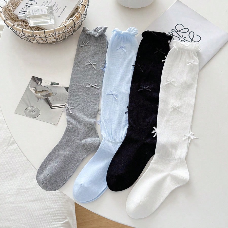 1/4 Pair Multicolor Women Knee High Socks, Spring/Summer Thigh High Socks With Bow, Solid Color Slimming Leg Socks For Dresses