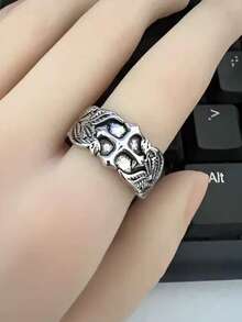 Vintage Cross Ring For Men, Hip Hop Style Leaf Texture Knuckle Ring, High-End Imitation Thai Silver Open Ring - Antique Silver - View 3