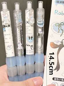 4pcs Laser Ribbon Rabbit/Bear Ballpoint Pens, Quick-Drying Ink Pens For Students, Cute & Minimalist Design - Ribbon - View 5
