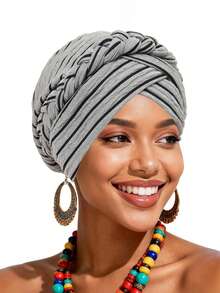 1pc New Fashion Striped Braided Turban Hat, Elastic Muslim Women Head Wrap, Versatile Daily Wear Headpiece - Multicolor - View 14