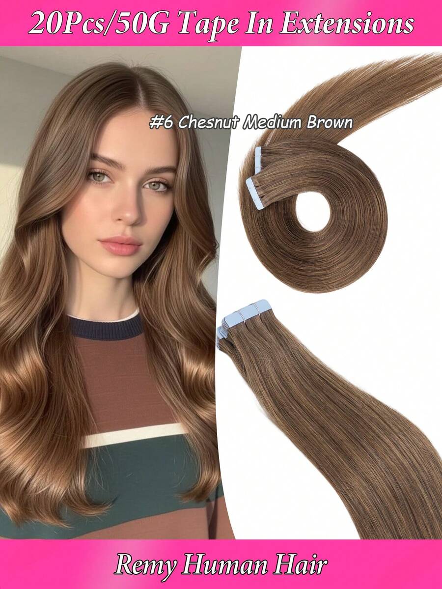 16"-24" Brown Tape In 100% Human Hair Extensions For Women 20Pcs/Pack Straight Seamless Skin Weft Remy Human Tape In Hair Extensions, Human Hair Extensions For Women, #6 Medium Chestnut Brown