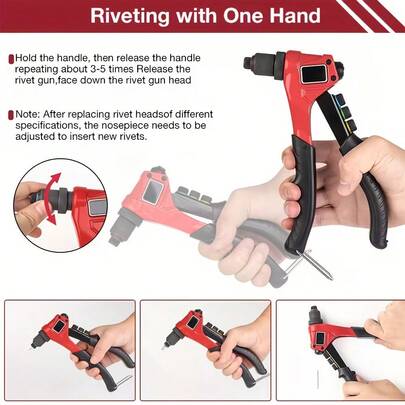 Rivet Gun Hand Riveter Pop Rivet Gun Rivet Pliers Rivet Tool Kit Riveter Set For Drill Fabric Leather Metal Floor Runners DIY Home Repair Workshop Garage Crafts Hand Tool Riveter Machine Riveter Nuts Set Pop Riveter For Furniture Automotive Construction Metalwork Fabric Leather Projects