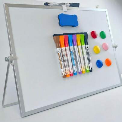 16" X 12" Double-Sided Magnetic Whiteboard, Includes 8 Whiteboard Markers, 6 Magnets, 1 Eraser, Small Whiteboard With Stand, Suitable For Drawing, Memo, To-Do List, School And More