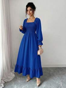 Spring Fall Square Neck Smocked Dress Women's Long Sleeve Trumpet Hem Ruffle Trim A-Line Casual Elegant Midi Dress - 寶藍色 - 查看 3