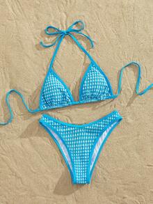 PEPPERMOLLY Bộ bikini đi biển mùa hè 2026 - Đồ bơi nữ màu hồng kẻ caro cạp cao gợi cảm với họa tiết xếp ly độc đáo | Chất liệu mềm mại, thoải mái, giúp định hình vòng bụng, phù hợp cho bơi lội, đi biển và kỳ nghỉ. - màu xanh hồ - Xem 6