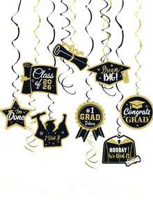 12pcs Gold & Black 2026 Graduation Decorations, Suitable For Graduation Party Ceiling Decor, Photo Booth Props, 2026 Graduation Party Decorations, Party Supplies, Graduation Gifts, Grad Accessories - Multicolor - View 5