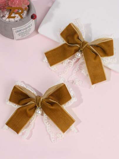 2pcs Elegant Brown Velvet Bow Hair Clips Lace Pearls Decor Hair Clips Alligator Clips Vintage Hairpins Festival Gift Hairpins Casual Daily Life Hair Accessories Women Hair Accessories