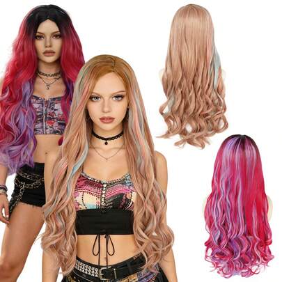 Two-Tone Highlighted Ombre Long Curly Wig, High-Temperature Fiber & DIY-Editable, Perfect For Parties, Music Festivals & Cosplay, Comfortable & Easy To Maintain