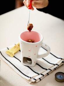 Heart-Shaped Cherry Ceramic Chocolate Melting Candle Warmer, Home Kitchen Ice Cream Hot Pot Cheese Fondue Set With Forks - Multicolor - View 7