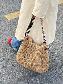 手工编织草编包，法式小众设计，ins风沙滩包，多功能通勤包，夏季单肩包 - 卡其色 - 查看 3