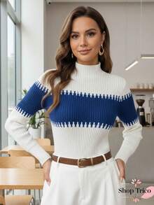 Women's Long-Sleeved Knit Sweater With Two-Tone Detail, High Neck, Winter Fashion - 白色/焦糖色 - 查看 5