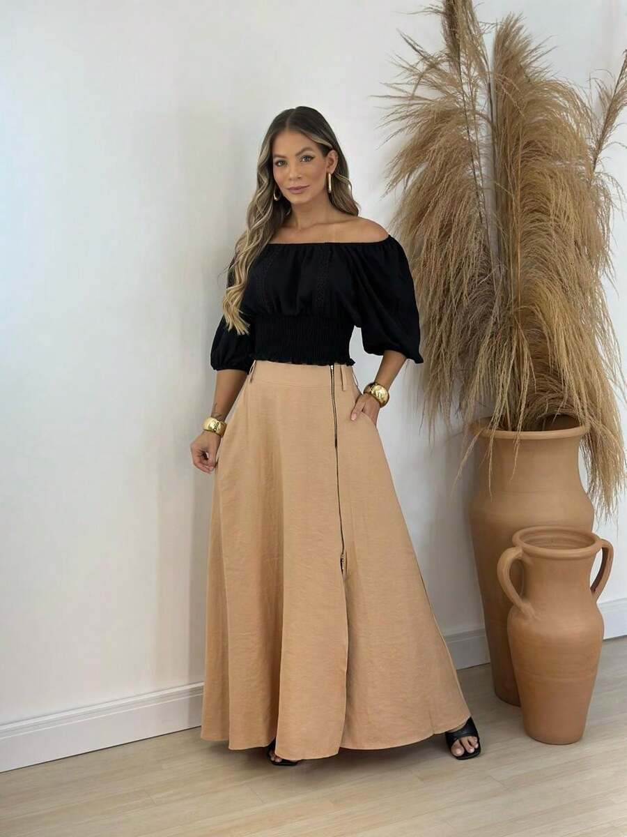 Simple Casual Elegant Linen Side Slit Long Skirt With Elastic Waist Office Skirt Autumn Summer - Beige - View 1