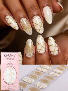 16pcs Elegant Milky White Gold Foil Plaid Nail Stickers, Glossy Finish, Versatile & Fashionable, Durable, Requires UV Lamp, Suitable For Women/Girls Daily, Business, Dates, Parties, Weddings, DIY, Great Gift - Gold - View 2
