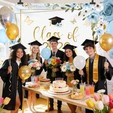 1pc Class Of 2026 Congratulations Banner Backdrop Floral Congrats Grad Photography Background Pastel Butterfly Graduation Party Decor Gold Confetti Prom 2026 Party Banner Photo Booth Props - Style2 - View 3