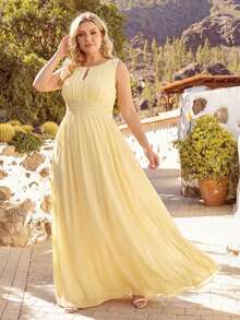 Plus Size Elegant Sleeveless Round Neck Sequin High Waist Yellow Bridesmaid Dress, Suitable For Parties, Formal Occasions, Spring/Summer Long Dress Party Wedding - Yellow - View 7