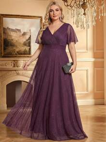Elegante vestido de dama de honor morado de manga corta y escote en V, vestido de fiesta para invitados de boda de primavera/verano, madre de la novia - Morado - Ver 8