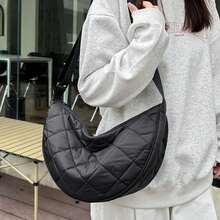 Waist Half Moon Belt Bag Solid Color Crossbody Bag Large Capacity Shoulder Bags Portable Nylon Plaid Travel Bags For Commuting - màu đen - Xem 6