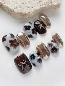 10张复古优雅法式ins风日常简约手绘花朵蝴蝶结闪亮金属美甲贴纸，甜美森系美甲贴花 - 彩色 - 查看 1