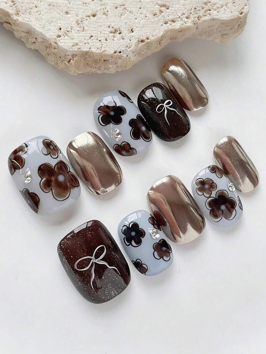 10张复古优雅法式ins风日常简约手绘花朵蝴蝶结闪亮金属美甲贴纸，甜美森系美甲贴花 - 彩色 - 查看 1