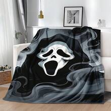 1PC Glowing Ghostface Horror Flannel Throw Blanket 50"X60" (Multiple Sizes) - Iconic White Scream Mask With Black Hood & Ink Wash Smoke, Tapestry Wall Hanging, Halloween Gift, Room Decor, Perfect For Sofa, Bed, Office, Horror Fan Gift - nhiều màu 1 - Xem 2