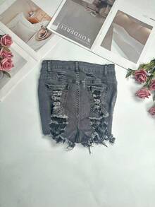 Summer Sexy Ripped Frayed Hem Fitted Shorts, Fashionable Cute, Versatile Outdoor Women Clothing Casual - Medium Gray - View 6