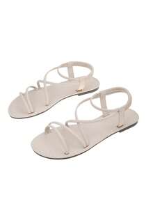 青少年新款休闲舒适交叉绑带平底凉鞋，波西米亚风，适合放学后、社交、校园、通勤、海滩、户外音乐节、周末市集、咖啡馆、朋友聚会等场合。黑色平底凉鞋、米色平底凉鞋、白色平底凉鞋。 - 米色 - 查看 6