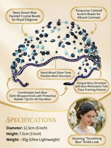 1pc Handmade Something Blue Crystal Beaded Headband, Wavy Navy Rhinestone Bridal Hair Vine Tiara For Wedding Prom Party Hairband Hair Hoop - Multicolor - View 3