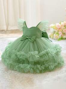 Baby Girls V-Neck Bow Ruffle Mesh Wedding Dress, Suitable For Birthday Party, Excluding Headband - Green - View 3